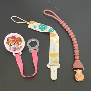 Pacifier Clips: Set of 3, Pink and polka dot
